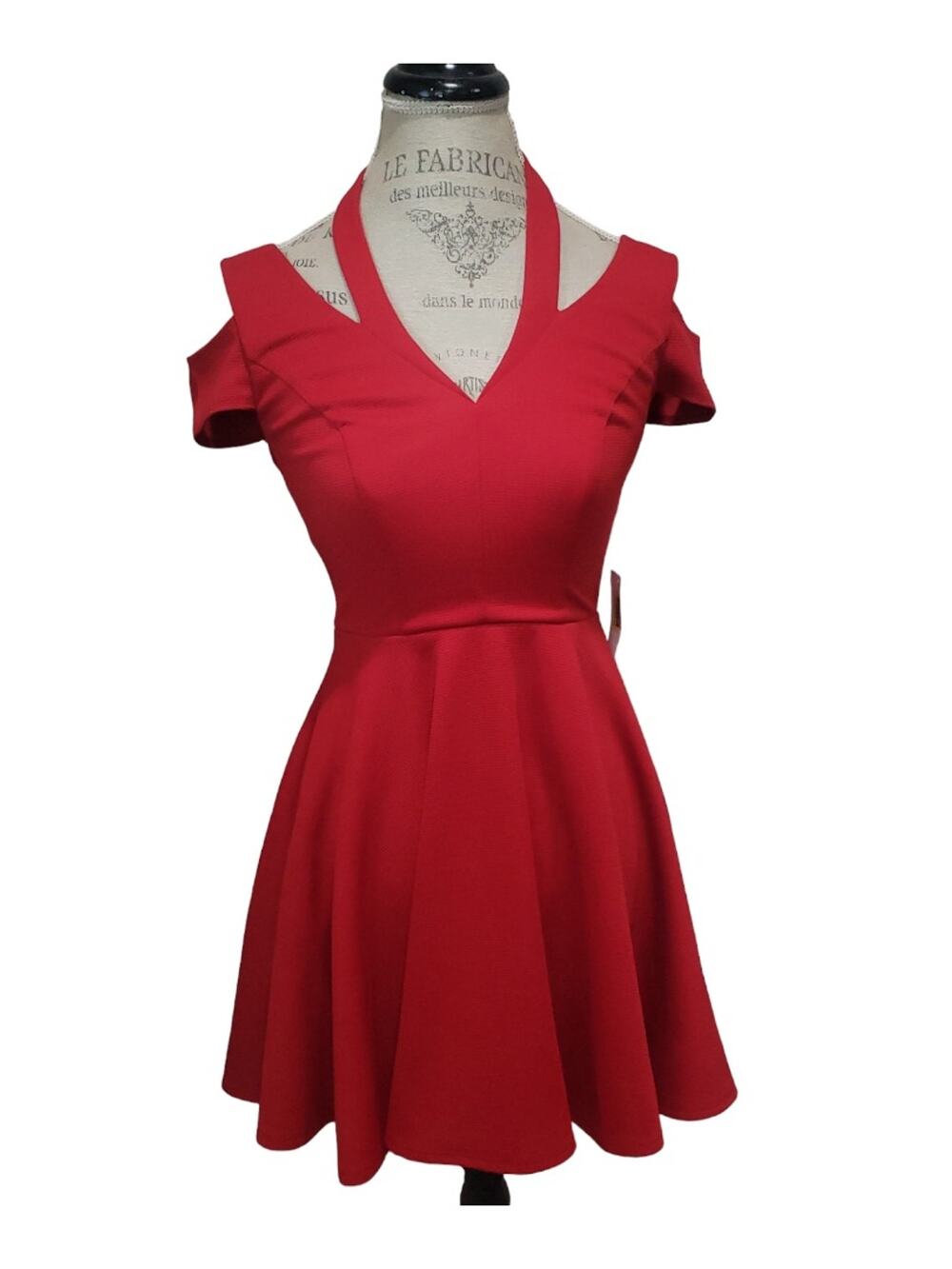 Jodi Kristopher Sexy Exposed Shoulder Low V Cut True Red Flare Swing Dress